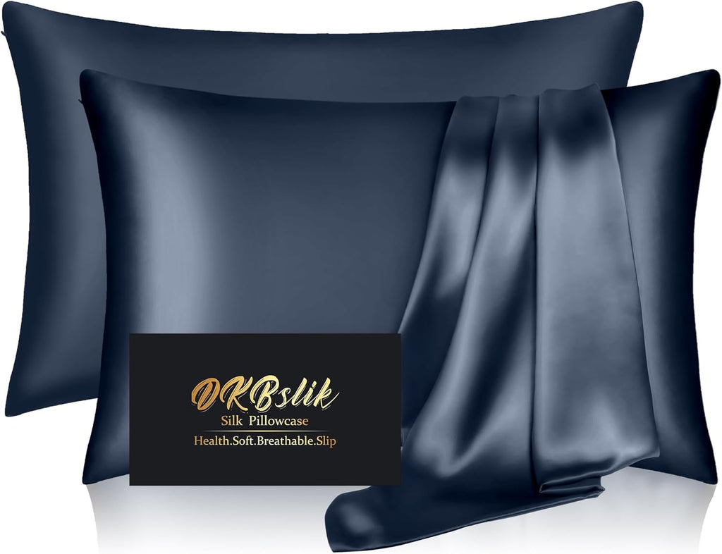 Mulberry Silk Pillowcases - Smooth & Anti-Acne Standard Set of 2 | Zipper Closure, Mood Indigo