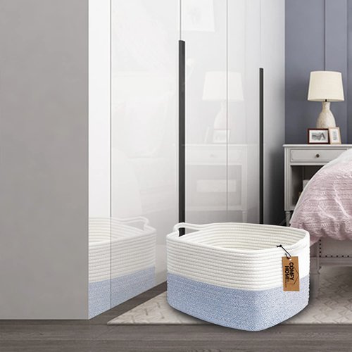 Comfy-Homi Cotton Rope Woven Storage Basket - Stylish Organizing Bin with Handles | 13.5"x11"x9.5" (White/Blue)
