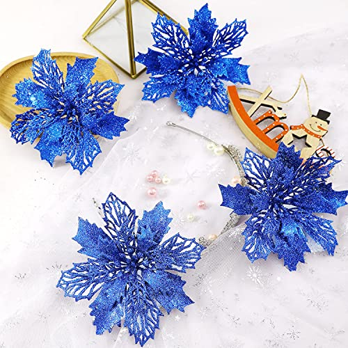 Wironlst 16Pcs Glitter Poinsettia Flowers Blue - Christmas Tree Wreath Decorations