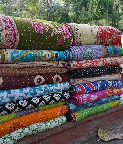 Kantha Quilted Cotton Blanket - Vintage Reversible Bedspread, 85x55 Inches