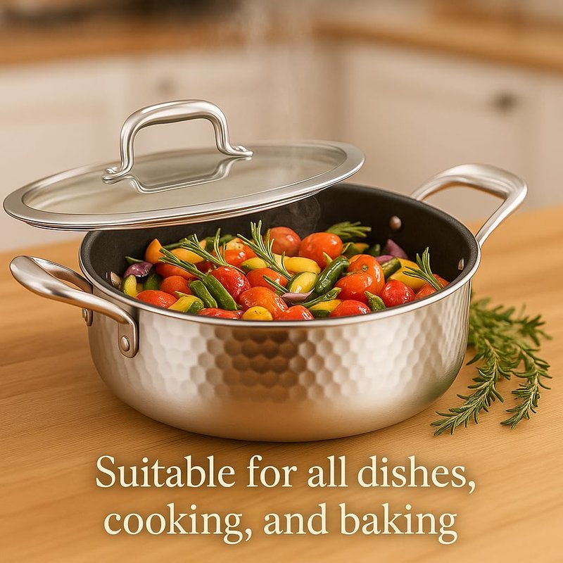 11.3 Inch Stainless Steel Saute Pan with Lid, Tri-Ply Saute 5-Quart, Induction Large Skillet, Deep Frying Pan, PFOA free, Non-Stick Coating, Dishwasher & Oven Safe, Suitable for Induction & Gas