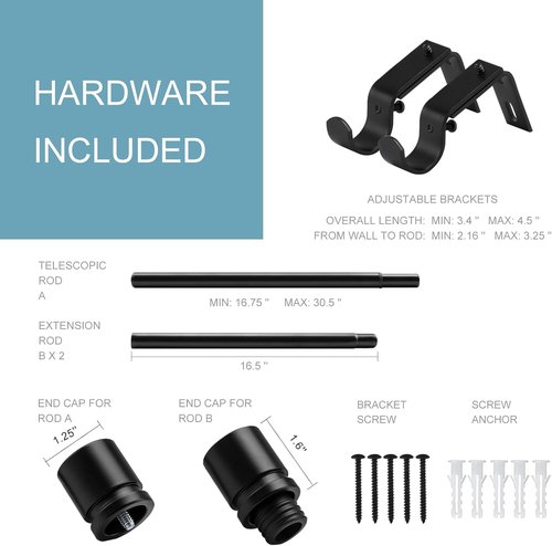 Byondeth Adjustable Curtain Rods - 16 to 60 Inches | 1-Inch Diameter with Aluminum Finials - Black