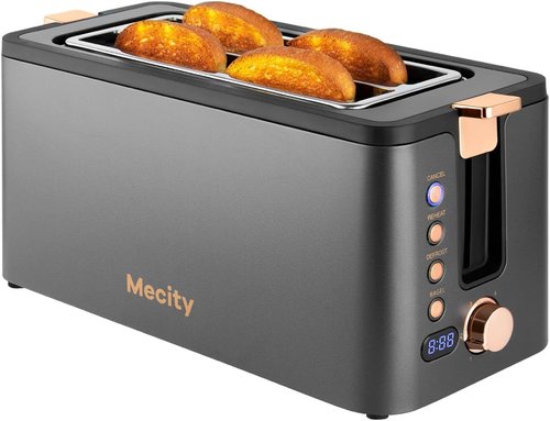 Mecity 4-Slice Long Slot Toaster - Extra Wide Slots, 6 Browning Settings, Timer & Warming Rack | Stainless Steel, Grey