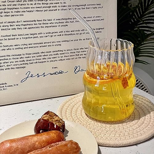 2 Pcs Ribbed Glass Cups, 18 Oz Vintage Wave Design Drinking Glassware