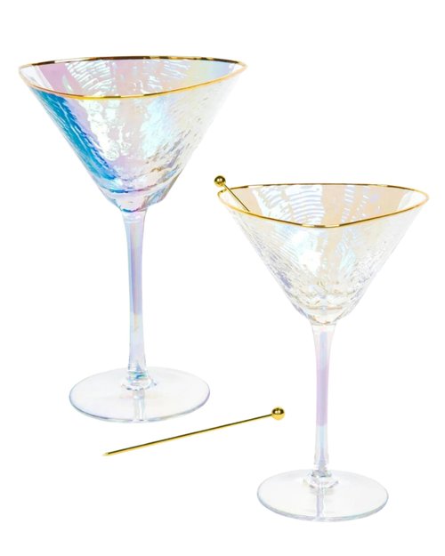 Sisterly Drinkware Iridescent Hammered Martini Glasses Set of 2 – Handmade Gold Rim Cocktail Glasses with 2 Gold-Plated Picks & 2 Coasters – 8 oz Elegant Barware for Martinis, Cocktails & Mocktails