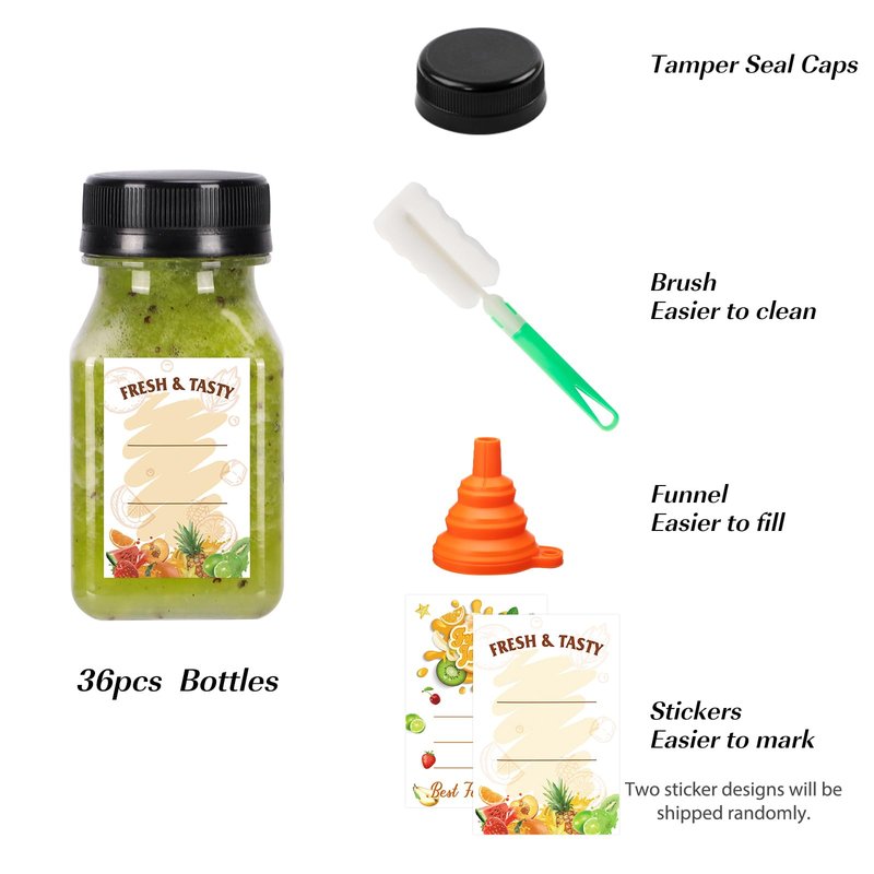 BAKHUK 36pcs 4oz Small Plastic Juice Bottles with Caps, Empty Reusable Clear Bulk Beverage Containers for Juice, Milk and Other Beverages,Suitable for Christmas Parties