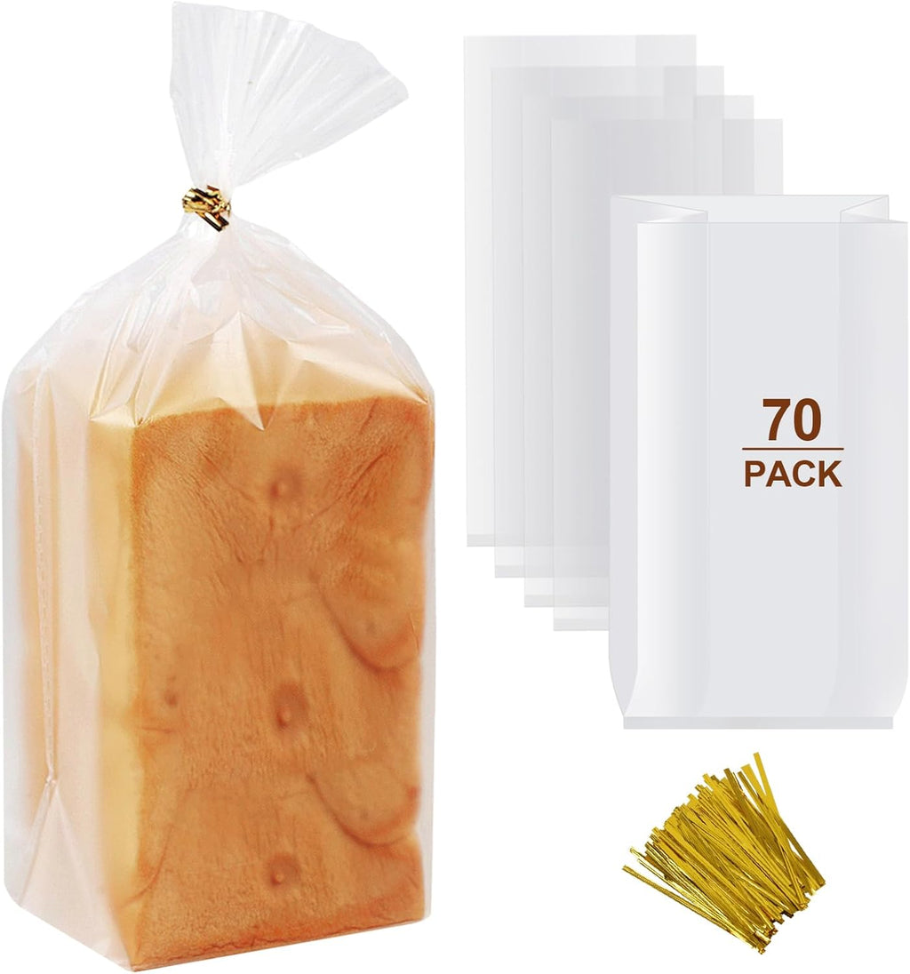 Vivinin Clear Bread Bags - 70 Pack with 100 Ties | 8" x 4" x 18" Reusable Storage for Homemade Bread