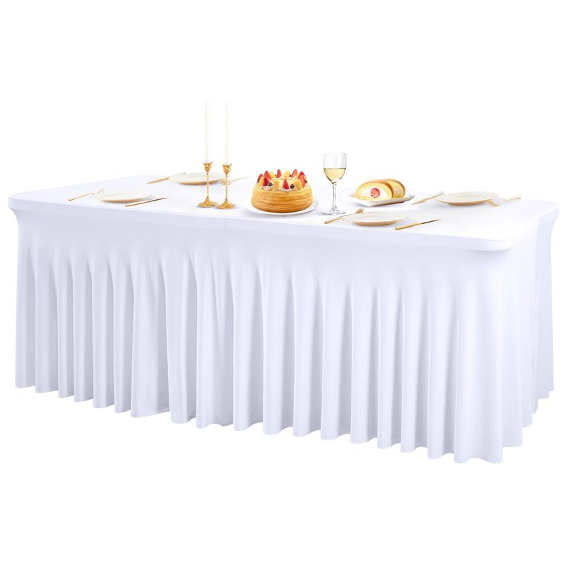 PARTISKY 4 Pack White Spandex Table Cloths for Rectangle Tables 8ft, White Table Skirt for Party, Table Cover with Skirt for Wedding Folding Table Banquet Baby Shower & Birthday Parties