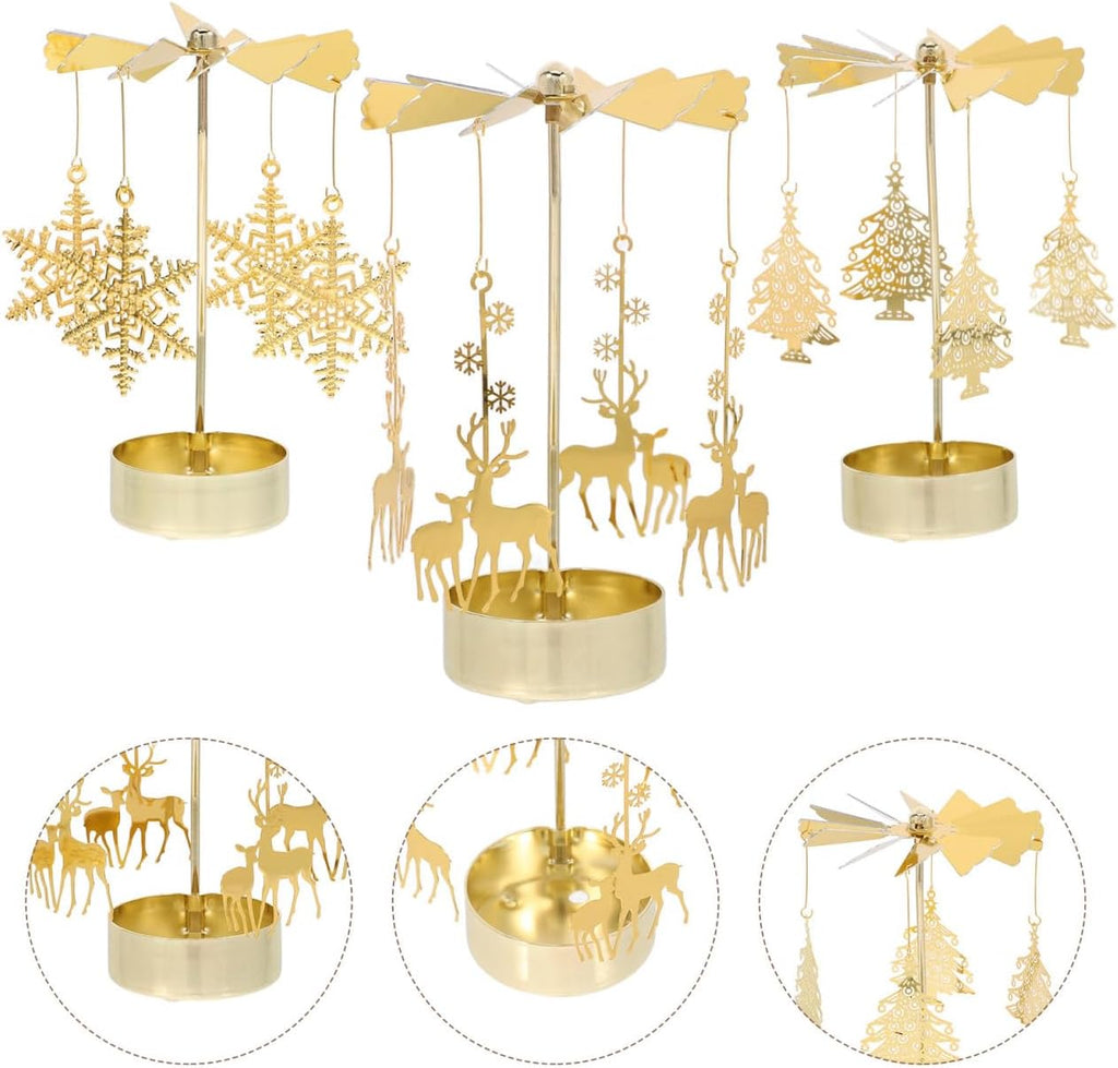Zerodeko Rotary Candle Holder Set - 3pcs Metal Spinning Windmill Design for Christmas Table Centerpieces