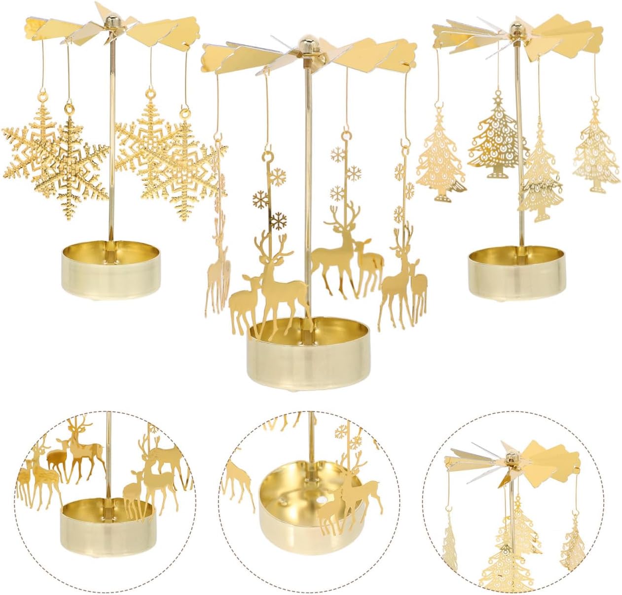 Zerodeko Rotary Candle Holder Set - 3pcs Metal Spinning Windmill Design for Christmas Table Centerpieces