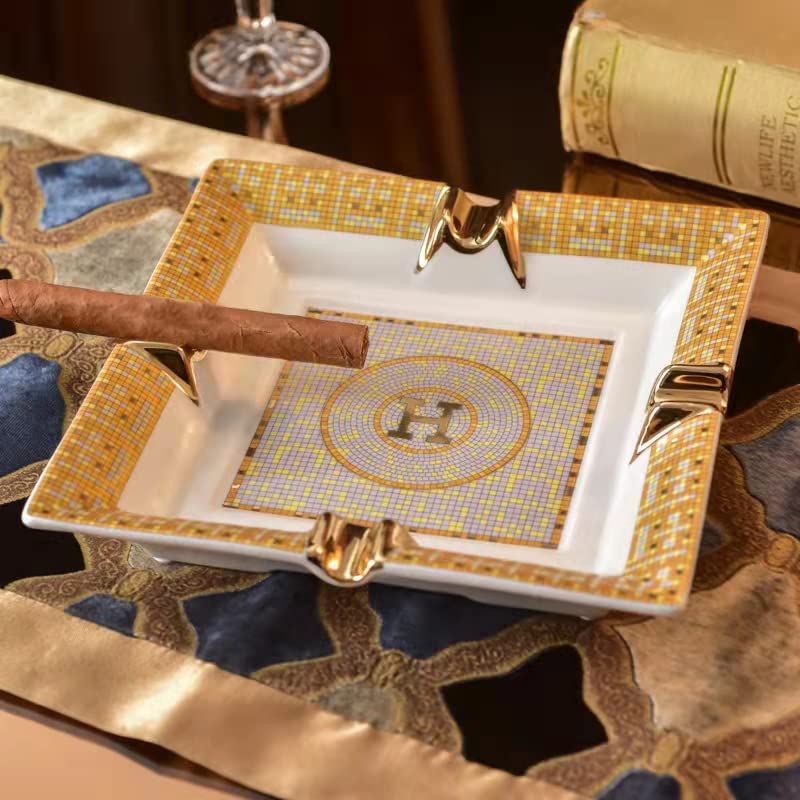 Ceramic Cigar Ashtray for 4 Cigars, 8-Inch Square Decorative Ash Tray