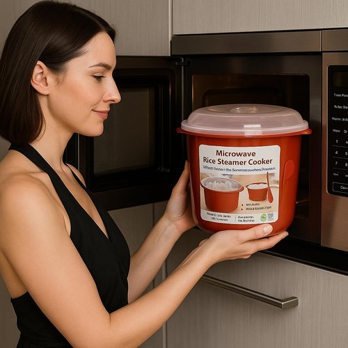 Microwave Rice Steamer Cooker BPA-Free – 2.6L (87.9oz) Red Rice Maker with Lid and Spoon – Dishwasher Safe Microwaveable Cooker for Basmati, Spanish, Indian Rice, Pasta, Ramen, and Vegetables