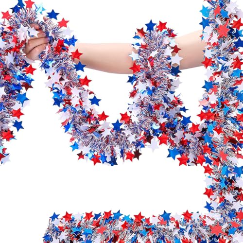 Patriotic Red White Blue Star Tinsel Garland - 33ft Metallic Party Decor