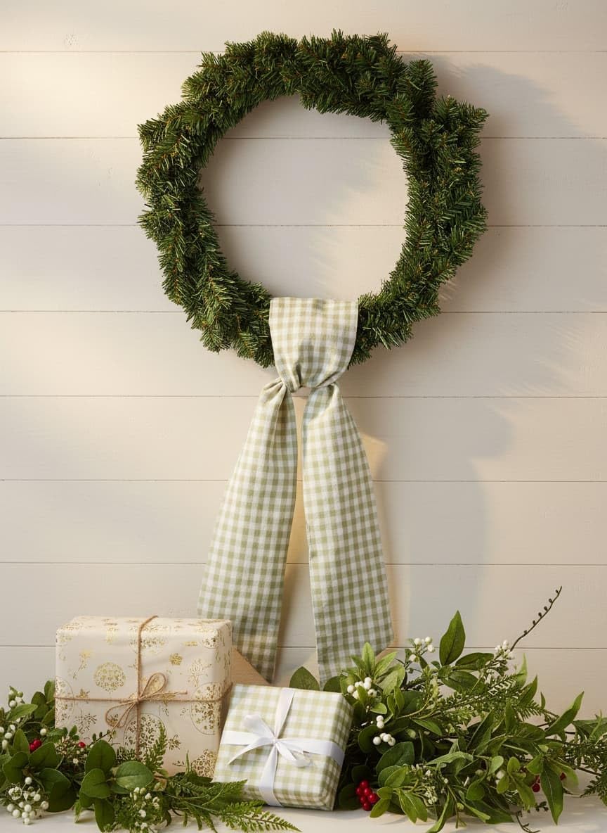 Skiennix Wreath Sash - Green and White Checkered Plaid Bow Ribbon Bundle | 2 Pack for Home Decor (5.12" x 54.33")