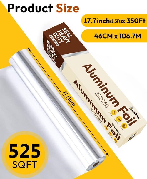 Katbite Heavy Duty Aluminum Foil Roll - 17.7 Inch Wide, 30 Micron Thick for Grilling, Baking & Catering | 525 Sq Ft