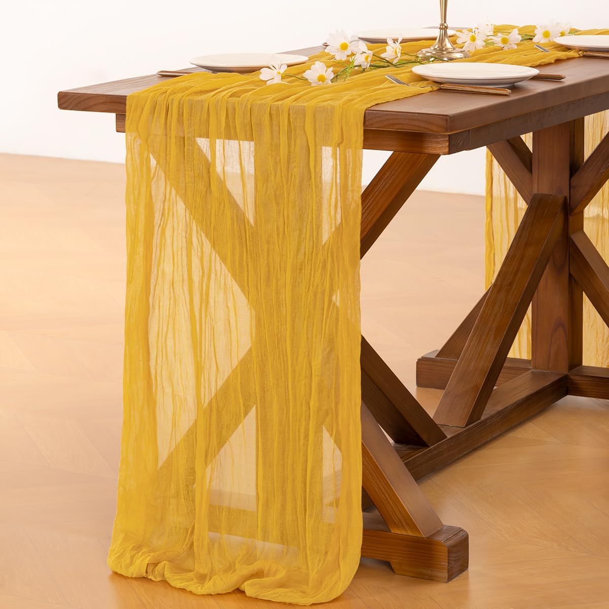 Socomi Cheesecloth Table Runner - 10pcs Gold Yellow Boho Rustic 120-Inch for Weddings & Events