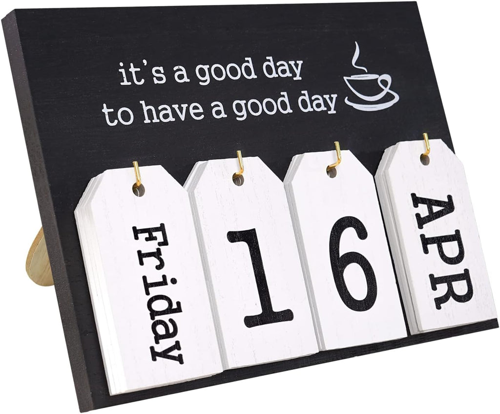 Notakia Perpetual Flip Calendar - Vintage Wooden Desk Calendar with Month & Day Display | Black Flip Design