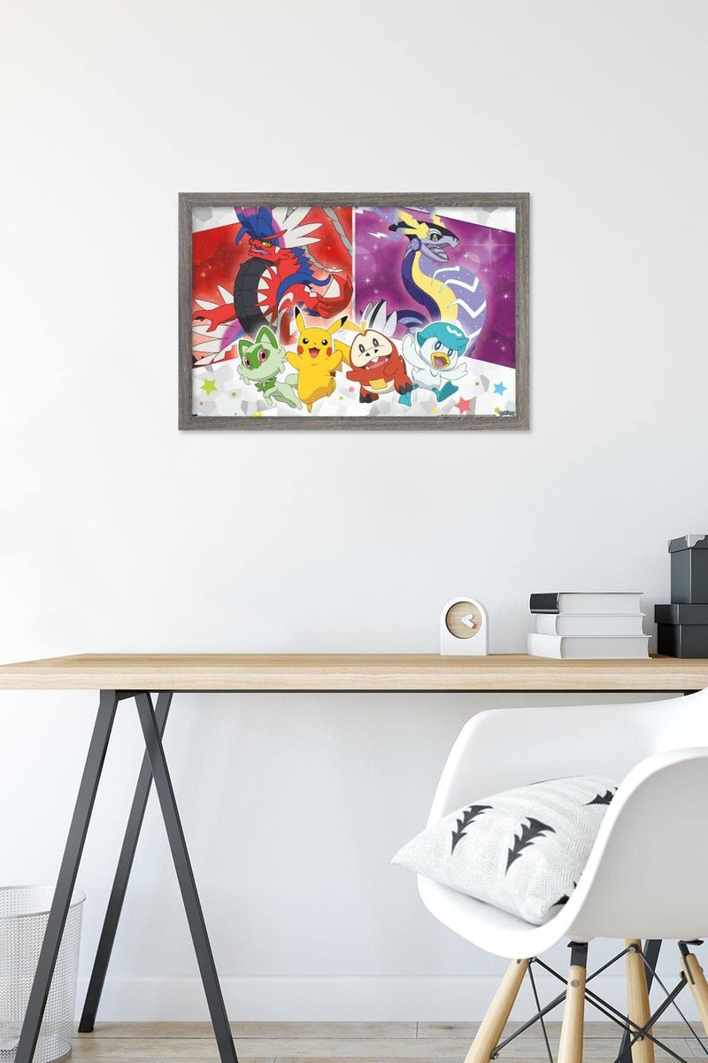 Trends International Pokémon - Group Sparkle Wall Poster, 22.4L x 14.7W, Gray Framed Version