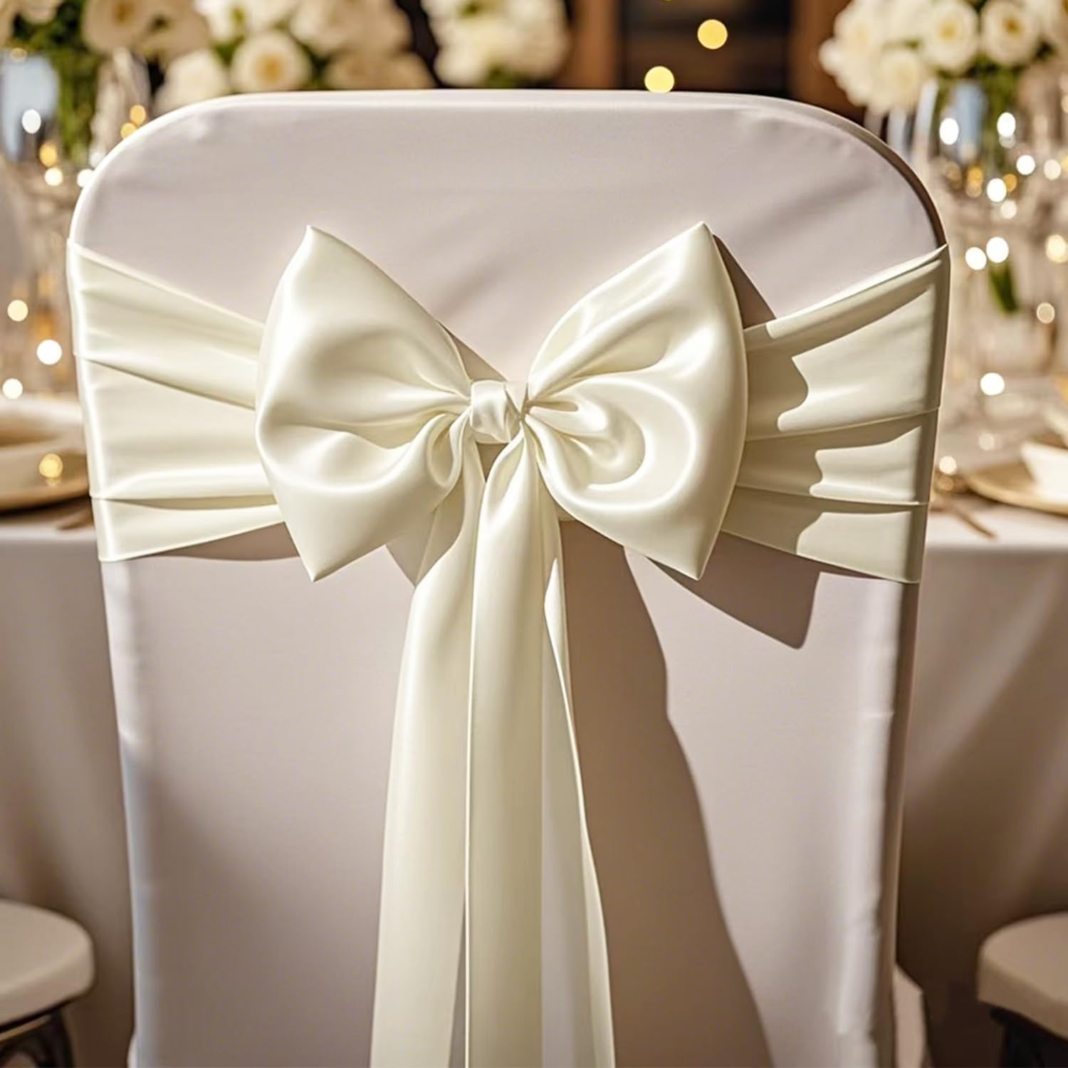 Regine Switzerland Wedding Satin Chair Sashes - Elegant Ivory Bows for Banquet & Ceremony | 7x108 Inch, 50 Pack