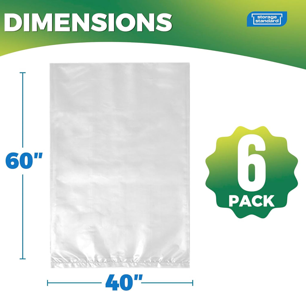 Storage Standard 6-Pack Large Clear Plastic Bags - Waterproof Heavy-Duty Zip Ties for Luggage & Travel Gear | 40 x 60 Inches