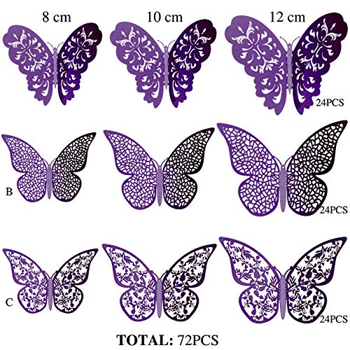 72 Pcs 3D Metallic Butterfly Wall Decals - Purple Hollow Wall Stickers