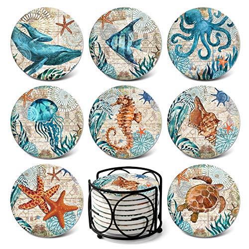 Teivio Ceramic Absorbing Coasters Set of 8 with Cork Base & Holder - Coastal Beach Decor