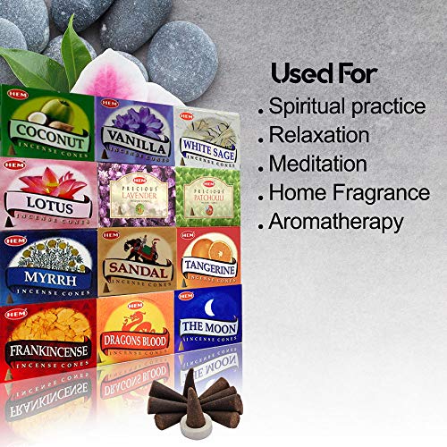 Natural Incense Cones Variety Pack - 12 Assorted Scents (120 Count)
