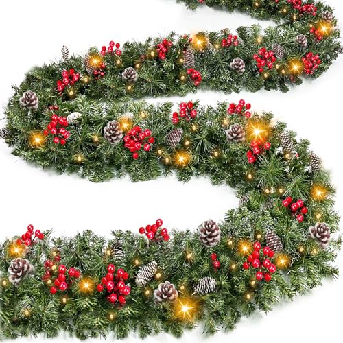 Turnon 9FT Christmas Garland with 50 Lights, 8 Modes, Timer, Red Berries & Pinecones - Warm White - Indoor/Outdoor
