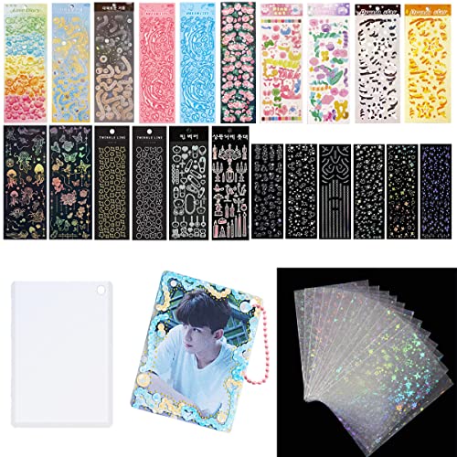 Photocard Holder Keychain Set with 50 Holographic Sleeves and Deco Stickers