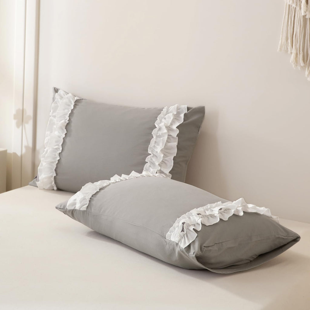 Bedorm Ruffle Comforter King Gray Farmhouse Bedding Set Pleated Ruffled Lace Comforter French Country Style Shabby Chic Bed Set Super Soft Cozy