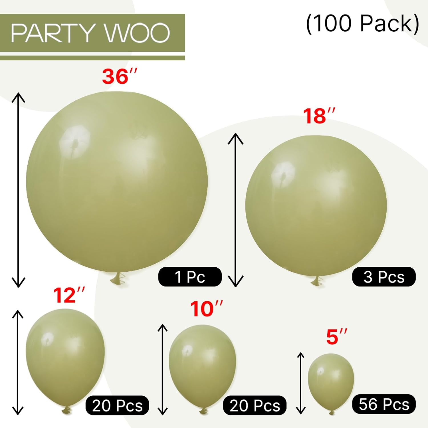 PartyWoo Sage Green Balloons - 100pcs Latex Balloon Arch Kit | Various Sizes for Weddings & Birthdays