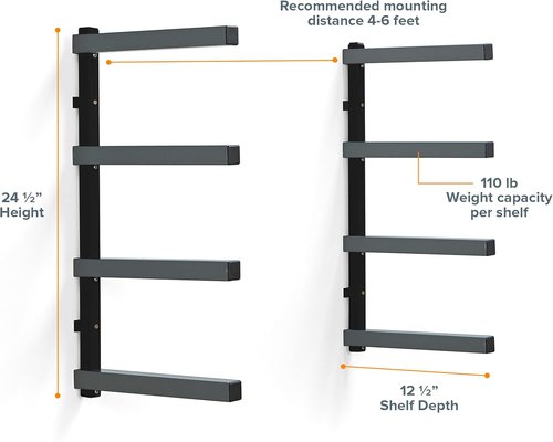 Bora 4-Level Lumber Storage Rack - Space-Saving Metal Shelf for Wood & Garage Organization | PBR-004B Black Gray