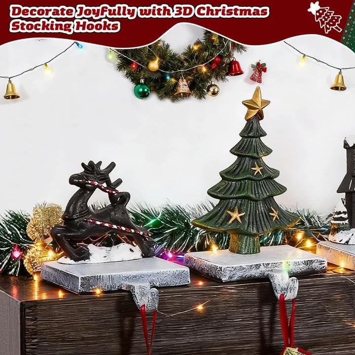 Heavy Duty Cast Iron Christmas Stocking Holders for Mantel - 3D Holiday Hooks