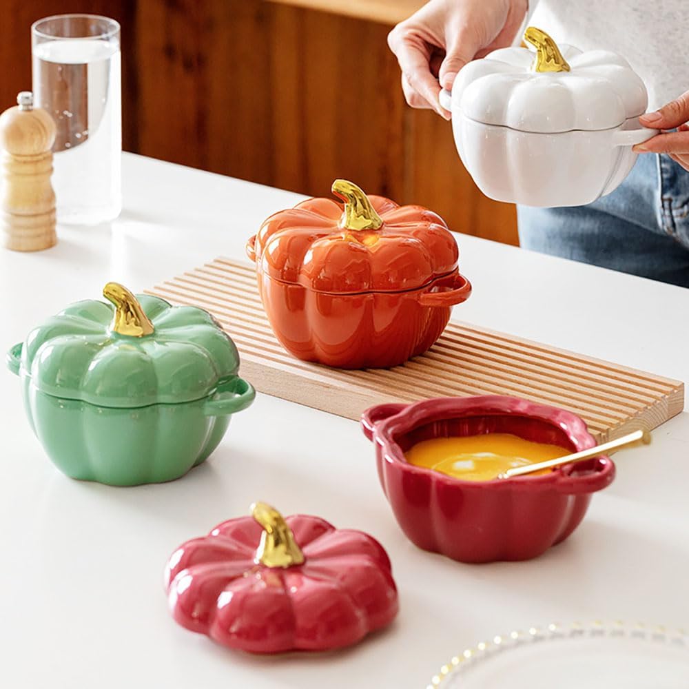 Skiennix Pumpkin Bowl Set - 14 Oz Ceramic Ramekins with Lid & Handle | Oven Safe Stoneware in Green