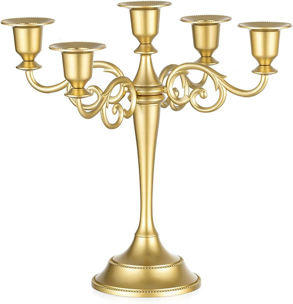 Sziqiqi Gold Candelabra | Elegant 10-Inch Table Centerpiece for Taper Candles - 5 Arms Metal Design