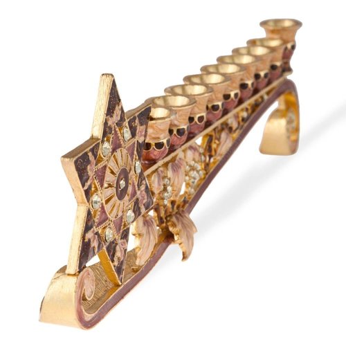 Matashi 9.25 Inch Long Hand Painted Enamel Menorah Candelabra Embellished with a Star of David Design and Embellished with Gold Accents Crystals