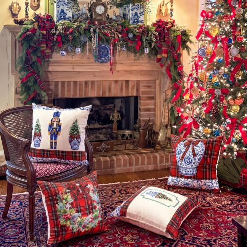 Tingjoo 18x18 Inch Christmas Pillow Covers Set - Tartan Plaid & Chinoiserie Holiday Cushions