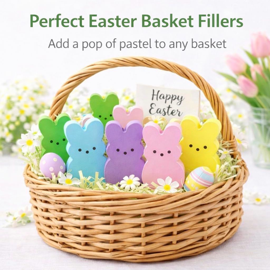 Wooden Easter Decor - 30 Pcs Mini Bunny Set | Freestanding Tiered Tray & Basket Fillers