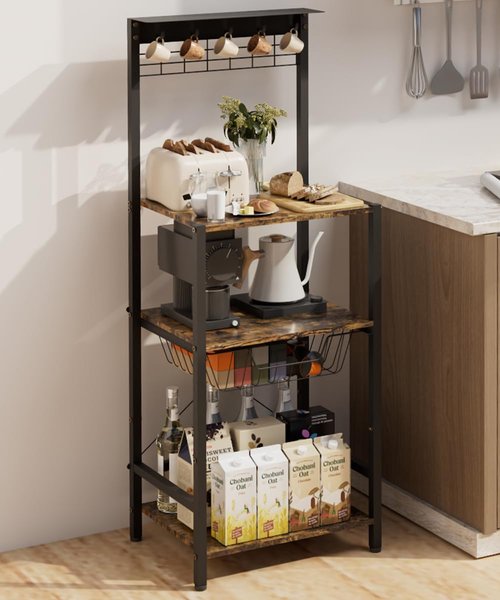 Ansionsol 4 Tier Coffee Bar Station, Corner Bakers Rack with 5 Hooks & Wire Basket, Coffee Maker Stand for Small Space, Kitchen Storage Shelf for Entryway, Living Room, Café, Black, 16.5"x13"x47.8"