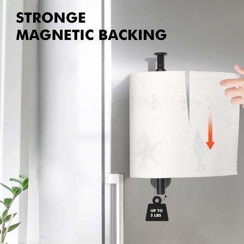KIHOGEM Magnetic Paper Towel Holder, One Hand Operable Paper Towel Holder Wall Mount Self Adhesive and Strong Magnetic Backing for Kitchen Refrigerator Grill RV(Black)