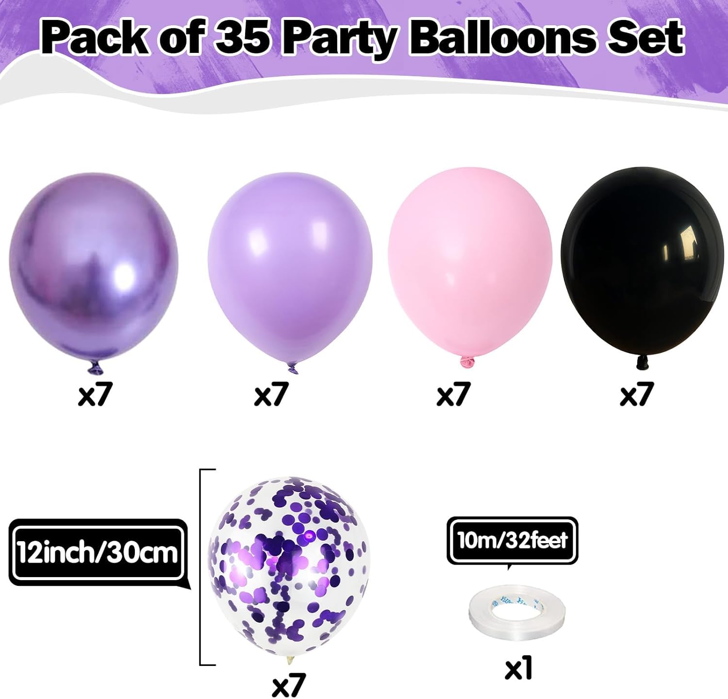Purple Pink Balloons - 12 Inch Mermaid Halloween Set with Metallic Confetti | 35 Pcs for Parties