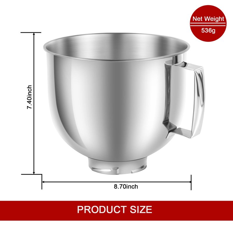 5 QT Stainless Steel Mixer Bowl Compatible with KitchenAid Artisan&Classic Series 4.5-5QT Tilt-Head Mixers K45 KSM70 KSM150 etc. Replacment for KitchenAid Mixer Bowl(Light Weight)