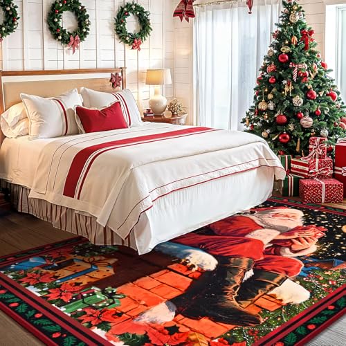 Likiyol Red Christmas Area Rug 3x5 ft Santa Claus Non-Slip Washable Faux Cashmere
