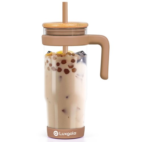 Luxgola 32 oz Glass Tumbler with Handle, Iced Coffee Cup with Bamboo Lid and Straws, Reusable Clear Glass Water Cup With Silicone Bumper - Fits in Car Cup Holder, Dishwasher Safe, BPA Free - Khaki