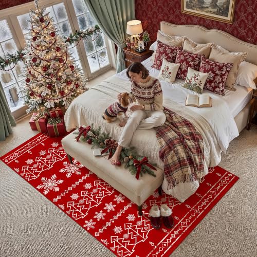 PureCozy 8' x 10' Christmas Snowflake Area Rug, Red – Washable, Non-Slip