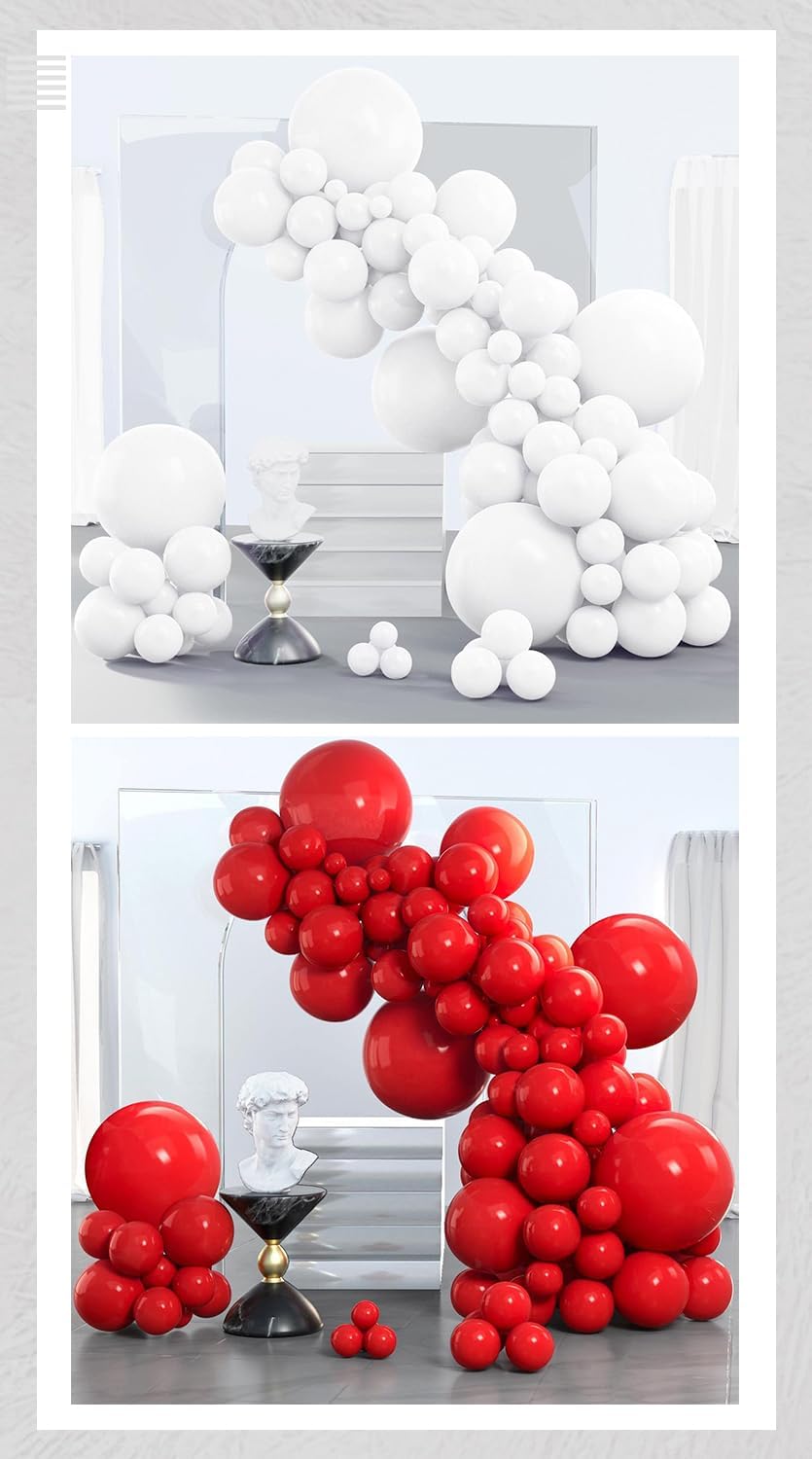 PartyWoo Classic Arch Kit - 280 Balloons in White and Red (18/12/10/5 Inch Sizes)