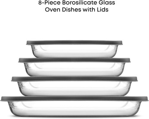 JoyJolt 8-Piece Borosilicate Glass Baking Dish Set - Rectangle Deep Oven Dishes with Black Lids | Ideal for Lasagna, Casseroles & Cakes