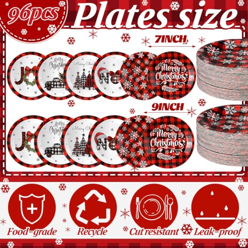 96 Pcs Christmas Paper Plates Disposable 7 Inch Buffalo Plaid Xmas Plates - Christmas Elements