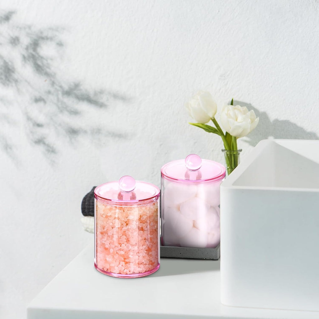 XIPENGKEJI Qtip Holder Set - Stylish Apothecary Jars for Bathroom Organization | 10oz-12oz Pink Canisters