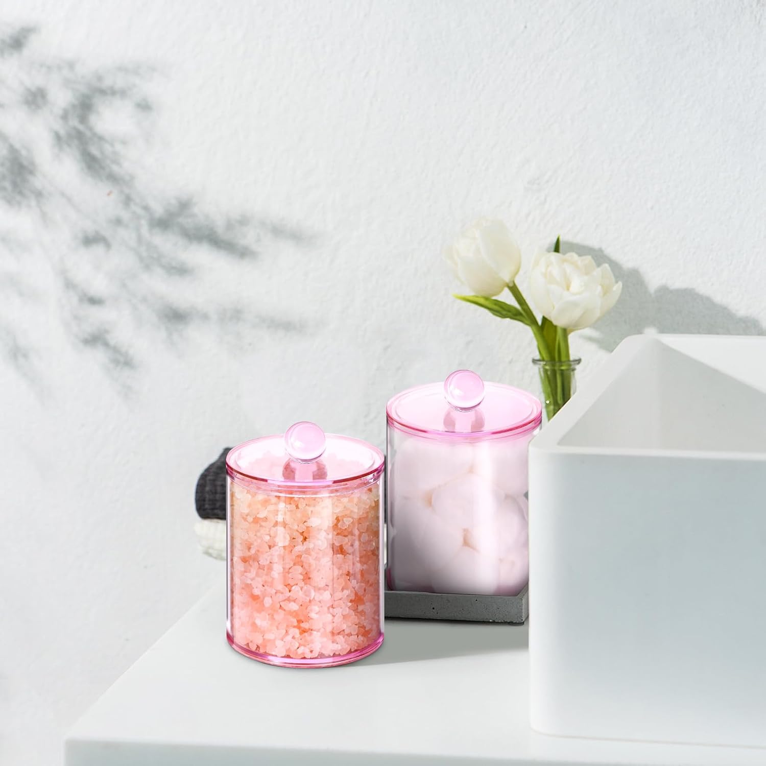 XIPENGKEJI Qtip Holder Set - Stylish Apothecary Jars for Bathroom Organization | 10oz-12oz Pink Canisters